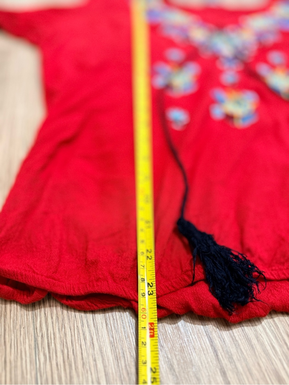Red Embroidered Boho Peasant Blouse Women's XL Bell Sleeve Tassel Floral - Picture 4 of 6